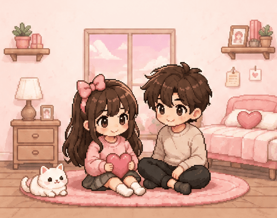 A pixel-art couple sitting together with their cat, holding a heart, in a cozy pastel bedroom